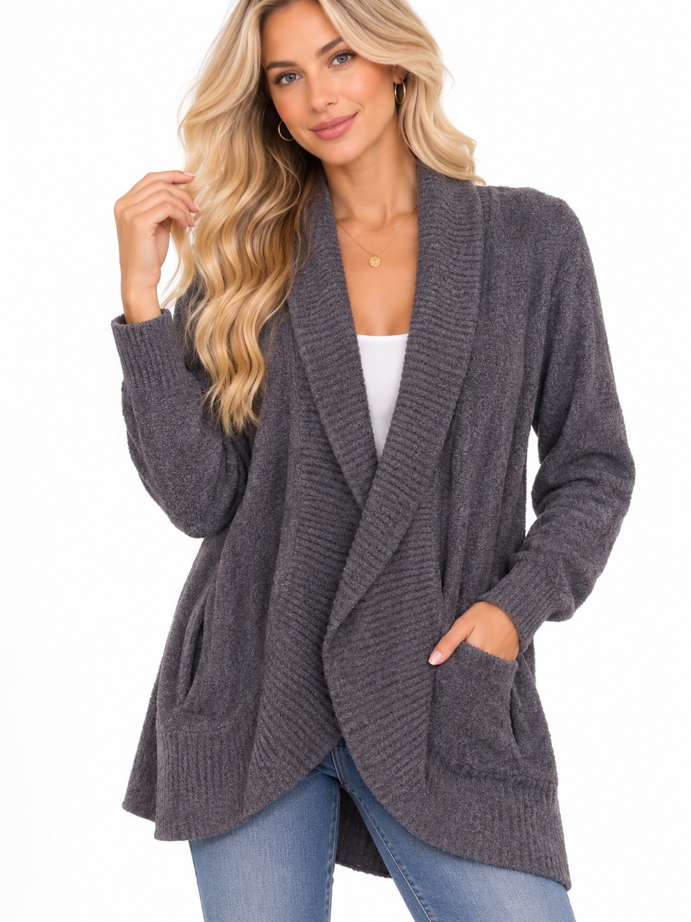 Barefoot Dreams Size L/XL Cozy Shawl Collar Open Cardigan Sweater - Charcoal